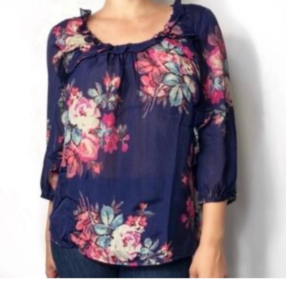 Anthropologie Leifsdottir Blue Ruffled 3/4 Sleeve Blouse floral pretty preppy